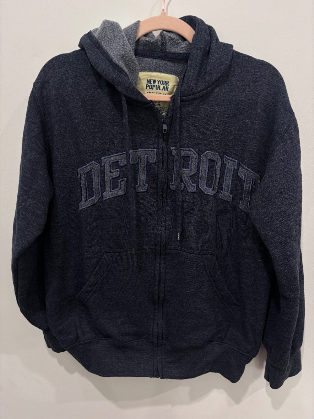 New York Popular Detroit Zip Hoodie Men Small Navy Marled Felt Applique Sweatshi